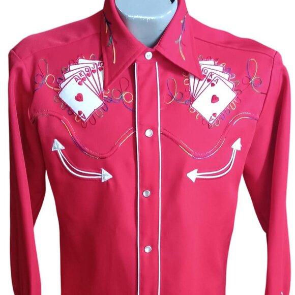 Vintage H Bar Royal Flush Mens Western Shirt Embroidery Medium Cowboy USA 1980's
